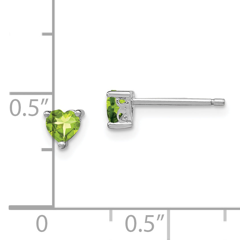 Sterling Silver 4mm Heart Peridot Stud Earrings with Rhodium Finish