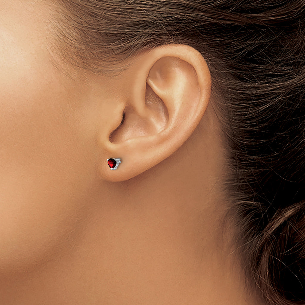 Sterling Silver 925 Garnet Heart Stud Earrings Rhodium-Plated Polished Finish