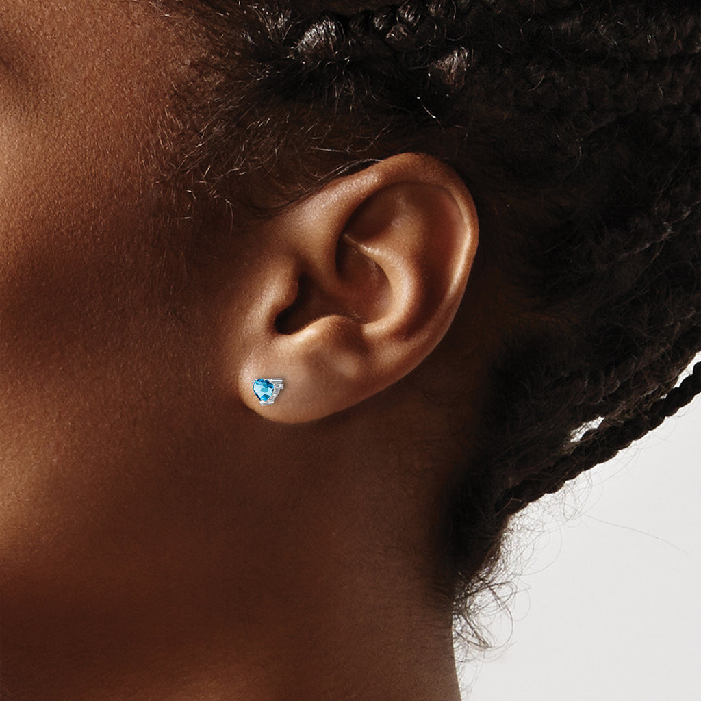 Sterling Silver Rhodium-Plated Aquamarine Heart Stud Earrings March Birthstone