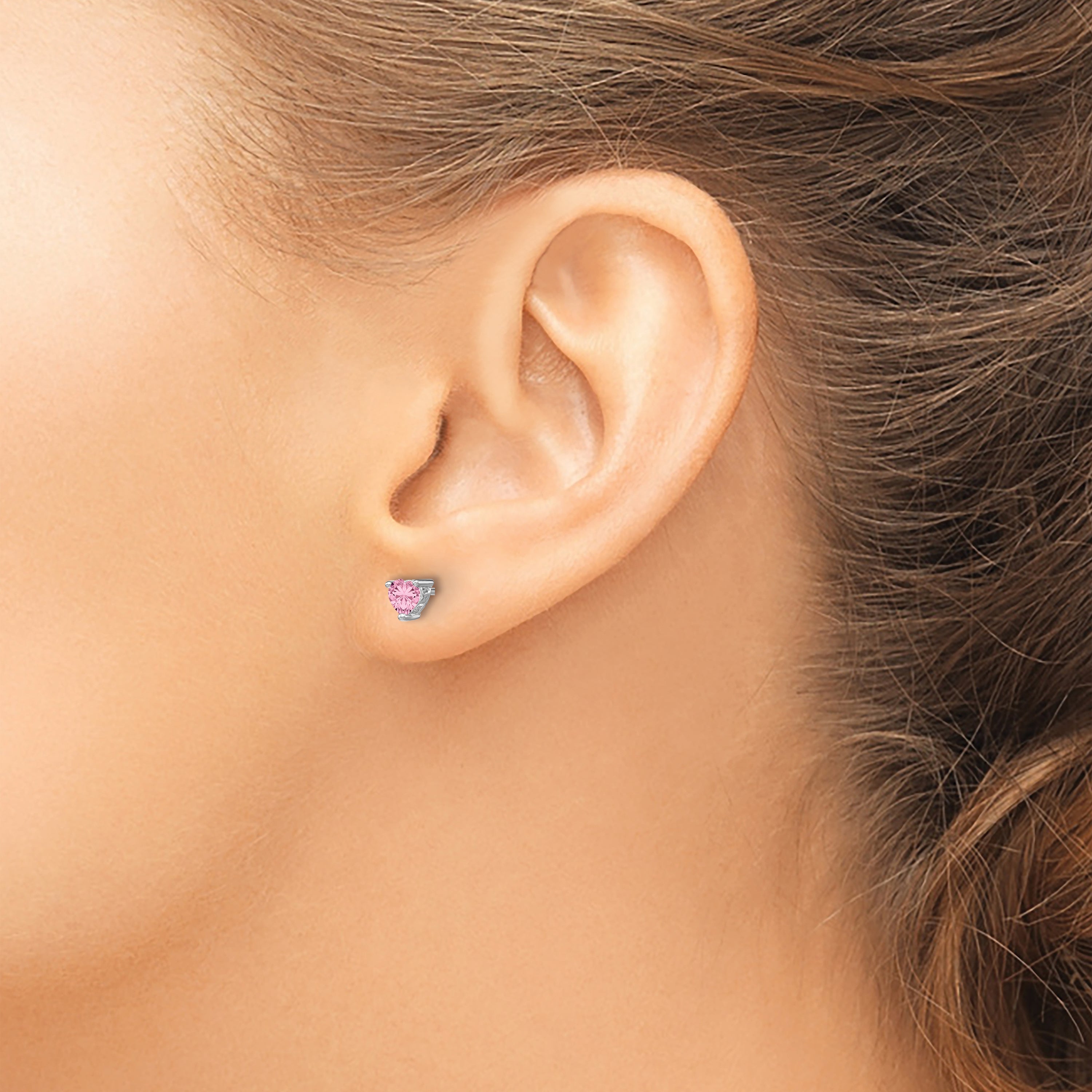 Sterling Silver 4mm Pink Sapphire Heart Stud Earrings  Polished & Rhodium Plated