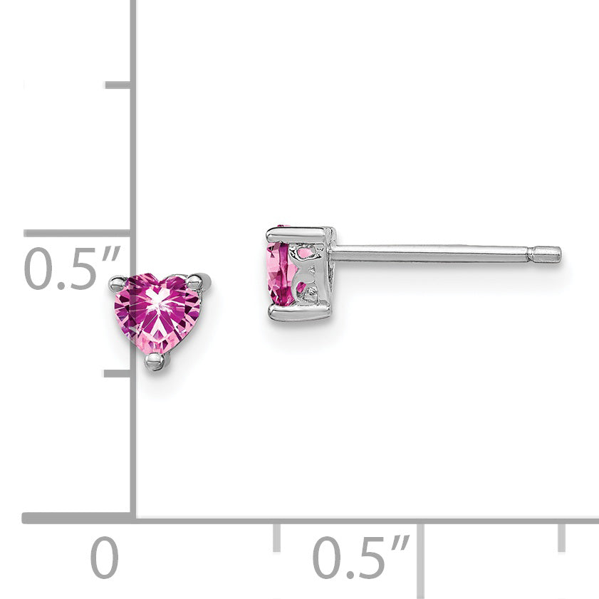 Sterling Silver 4mm Pink Sapphire Heart Stud Earrings  Polished & Rhodium Plated