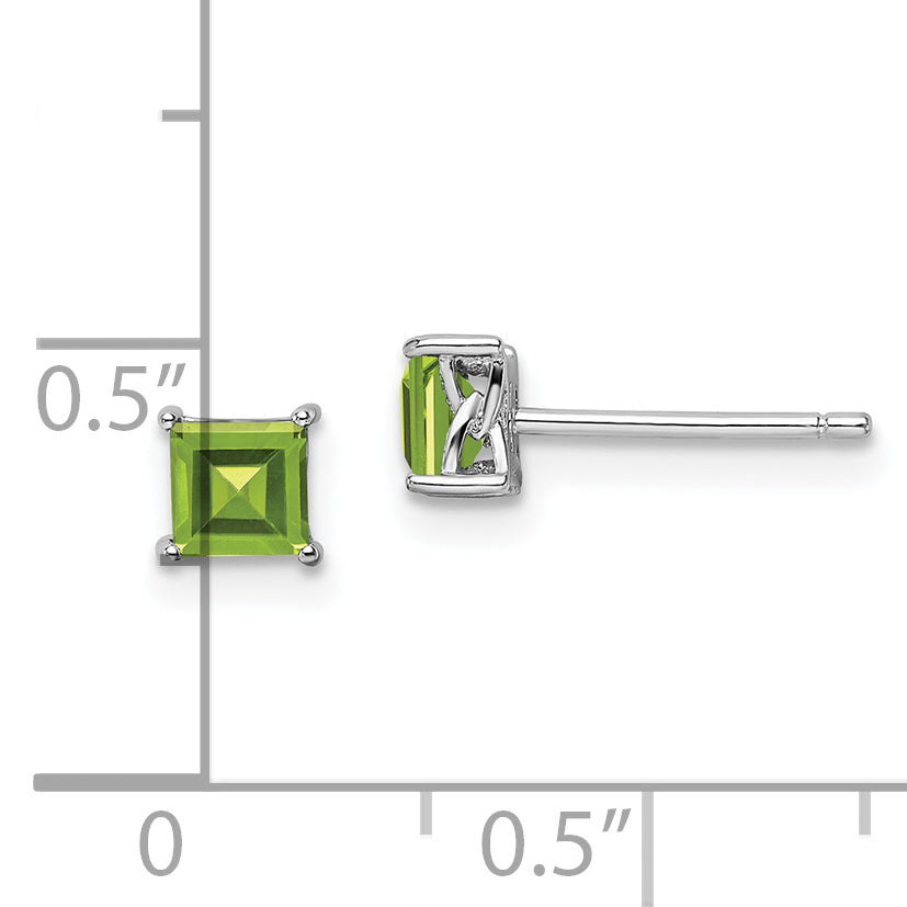 Sterling Silver 925 Peridot Stud Earrings with Rhodium Finish  4mm Princess Cut