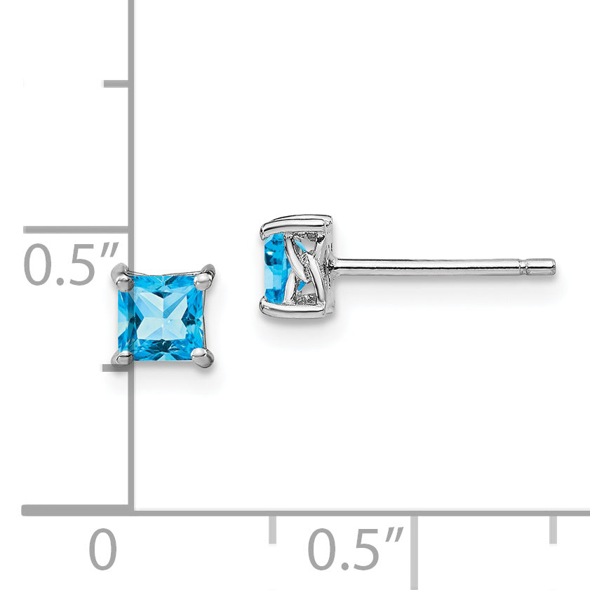 Sterling Silver Rhod-pltd 4mm Princess Swiss Blue Topaz Post Earrings