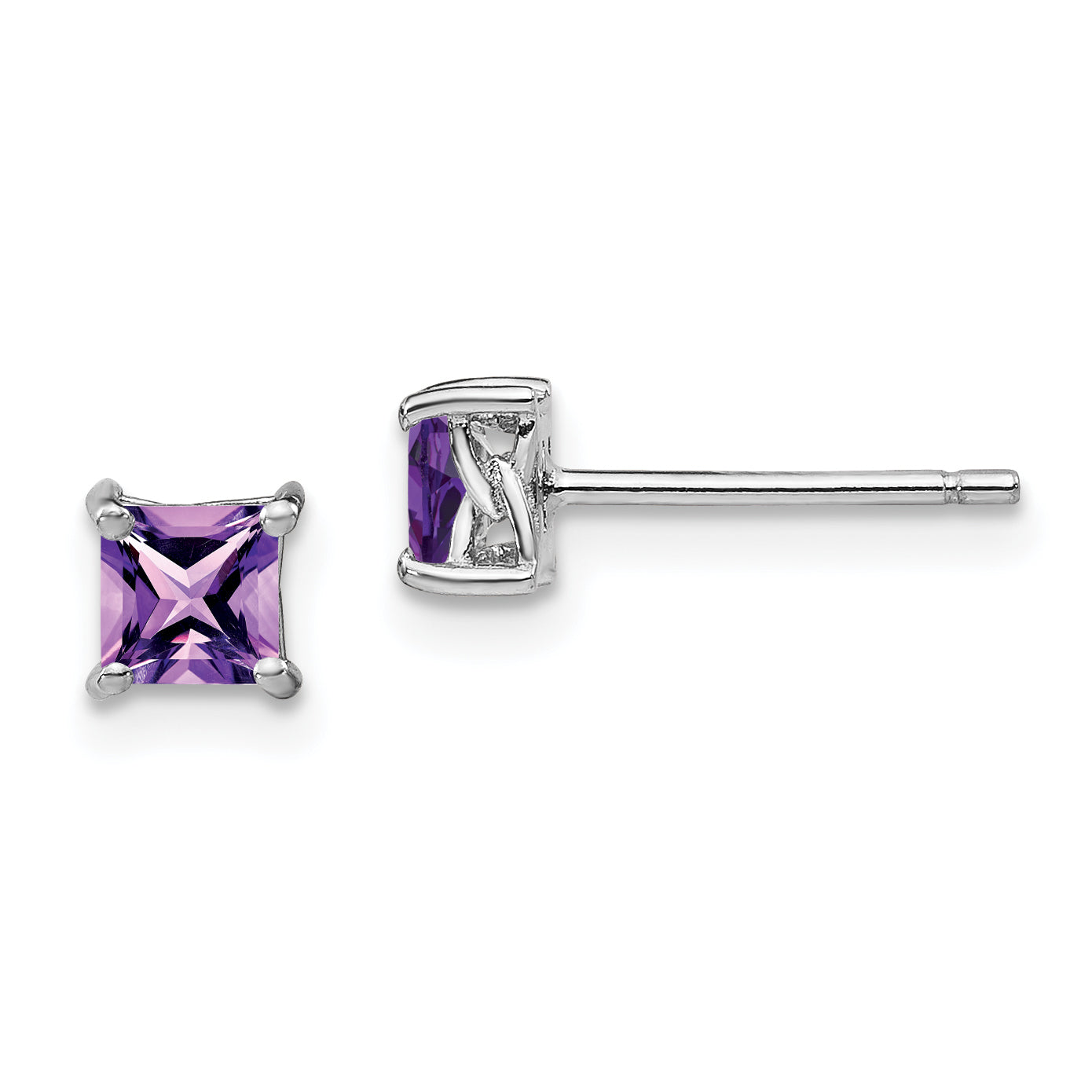 Sterling Silver Rhodium-plated 4mm Princess Amethyst Post Earrings Main image