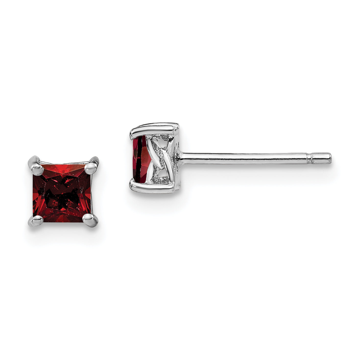 Sterling Silver Rhodium-plated 4mm Princess Garnet Post Earrings Main image