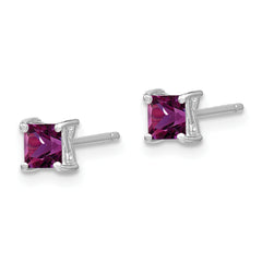 925 Sterling Silver Princess-Cut Ruby Stud Earrings, Rhodium Plated, Elegant Birthstone Design