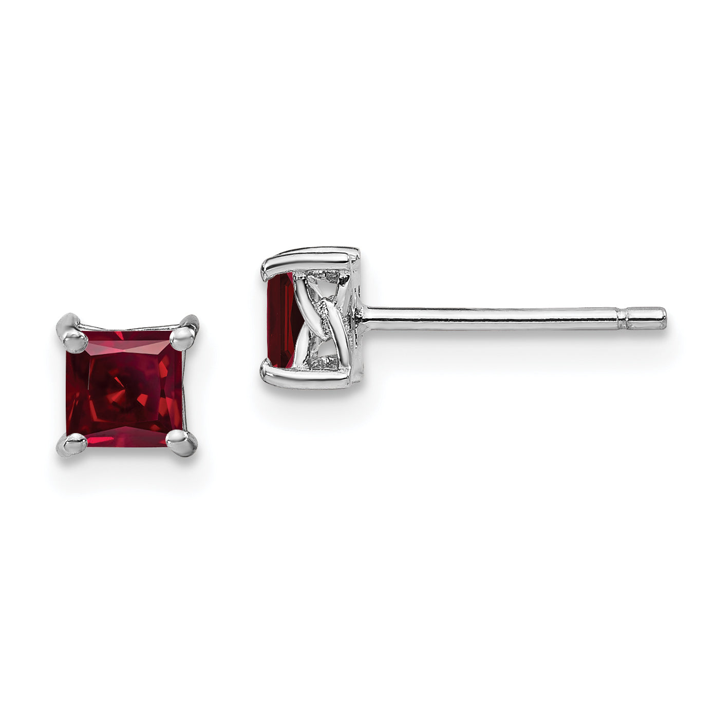 Sterling Silver Rhod-pltd 4mm Princess Created Ruby Post Earrings Main image