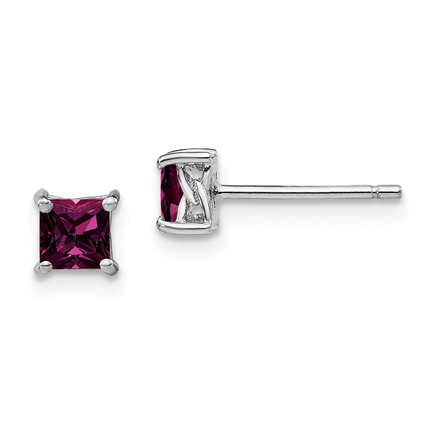 Sterling Silver Rhod-pltd 4mm Princess Rhodolite Garnet Post Earrings Main image