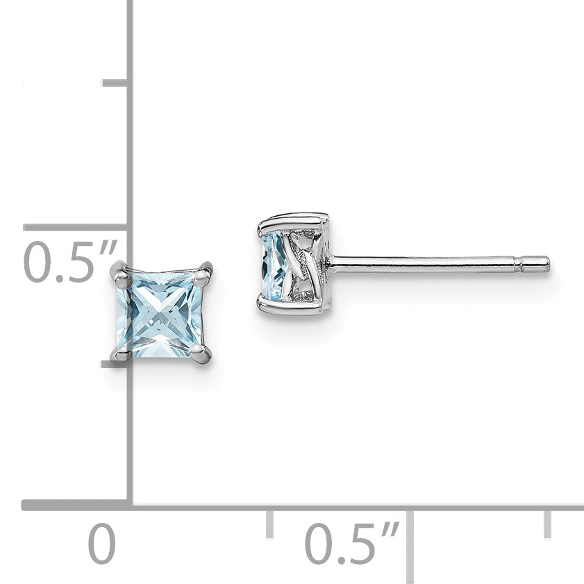 Sterling Silver 4mm Princess Aquamarine Stud Earrings  Rhodium-Plated, Polished Finish