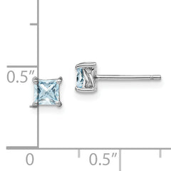 Sterling Silver 4mm Princess Aquamarine Stud Earrings  Rhodium-Plated, Polished Finish
