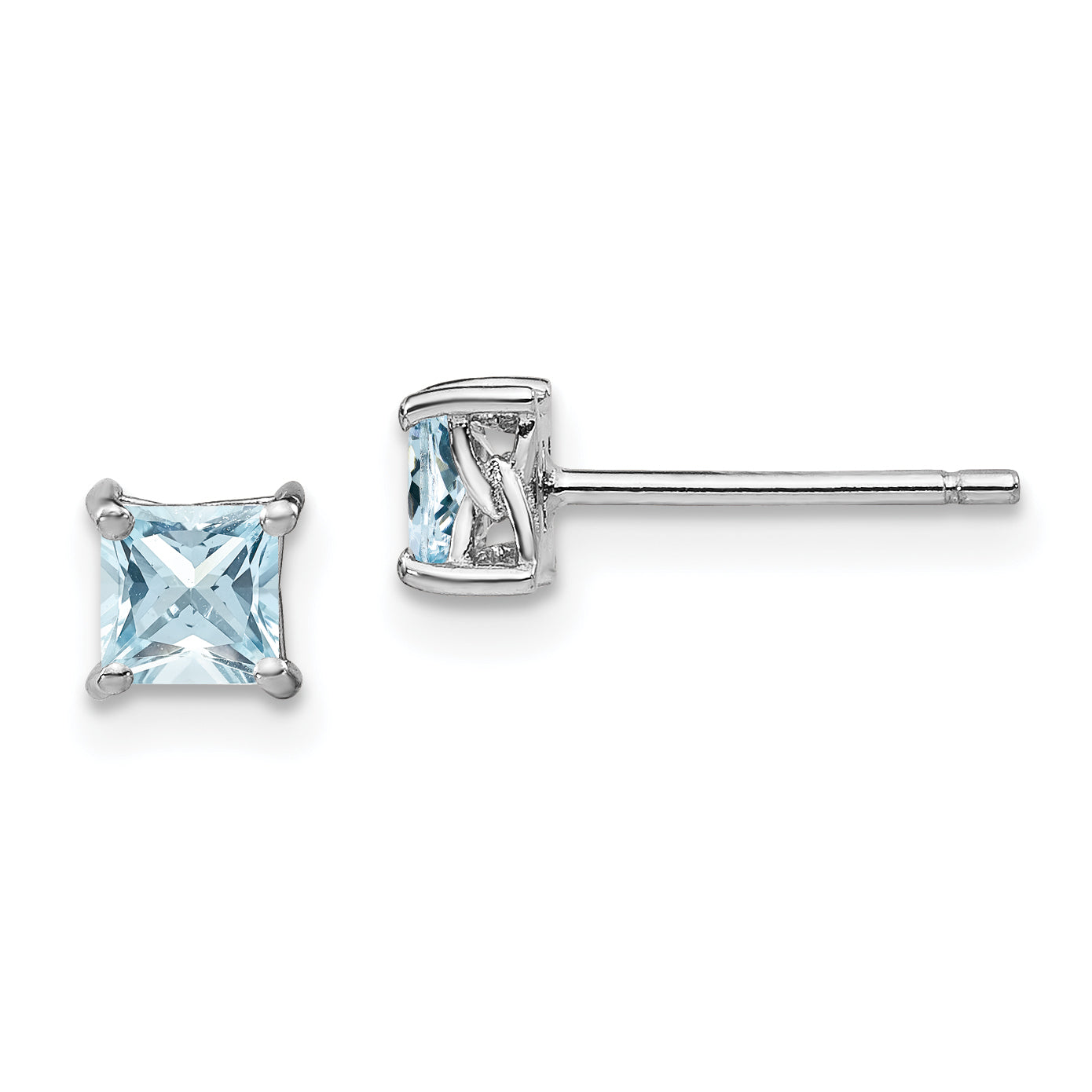 Sterling Silver Rhodium-plated 4mm Princess Aquamarine Post Earrings Main image