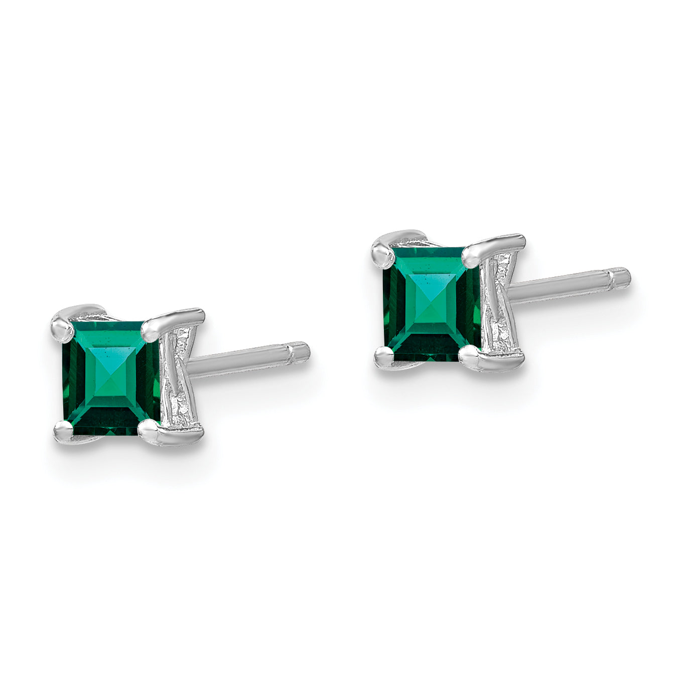 Sterling Silver 4mm Princess Cut Created Emerald Stud Earrings  Polished & Rhodium-Plated Secondary image