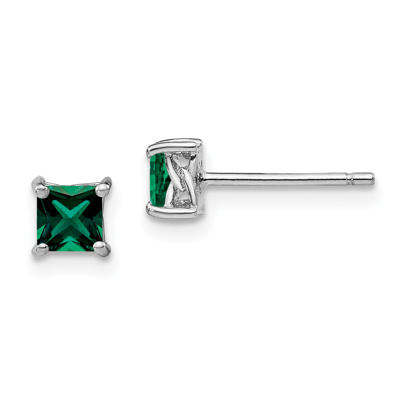 Sterling Silver Rhod-pltd 4mm Princess Created Emerald Post Earrings Main image