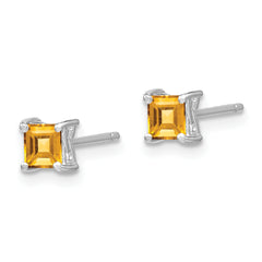 Sterling Silver Rhodium-plated 4mm Princess Citrine Post Earrings