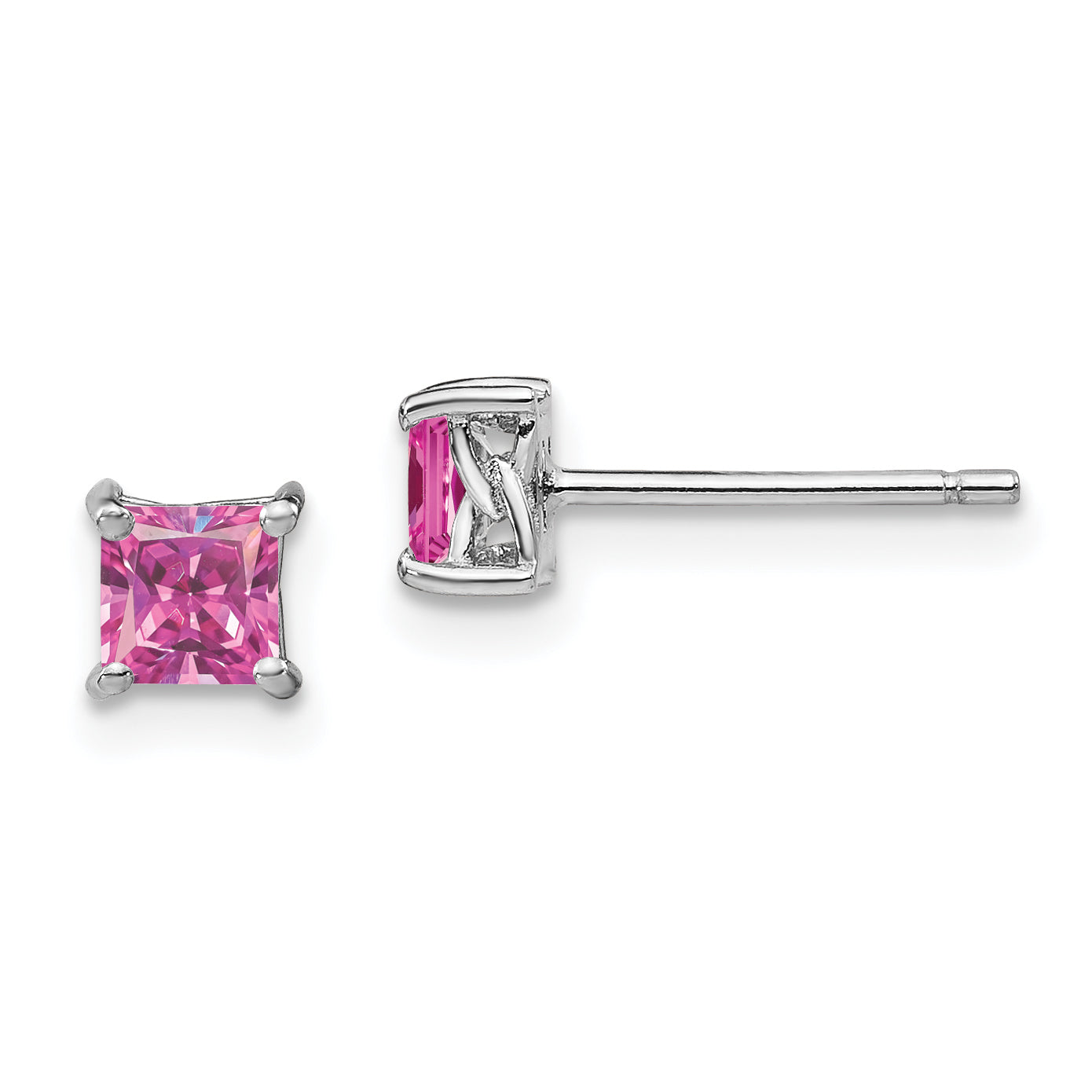 Sterling Silver Rhod-pltd 4mm Princess Cr. Pink Sapphire Post Earrings Main image
