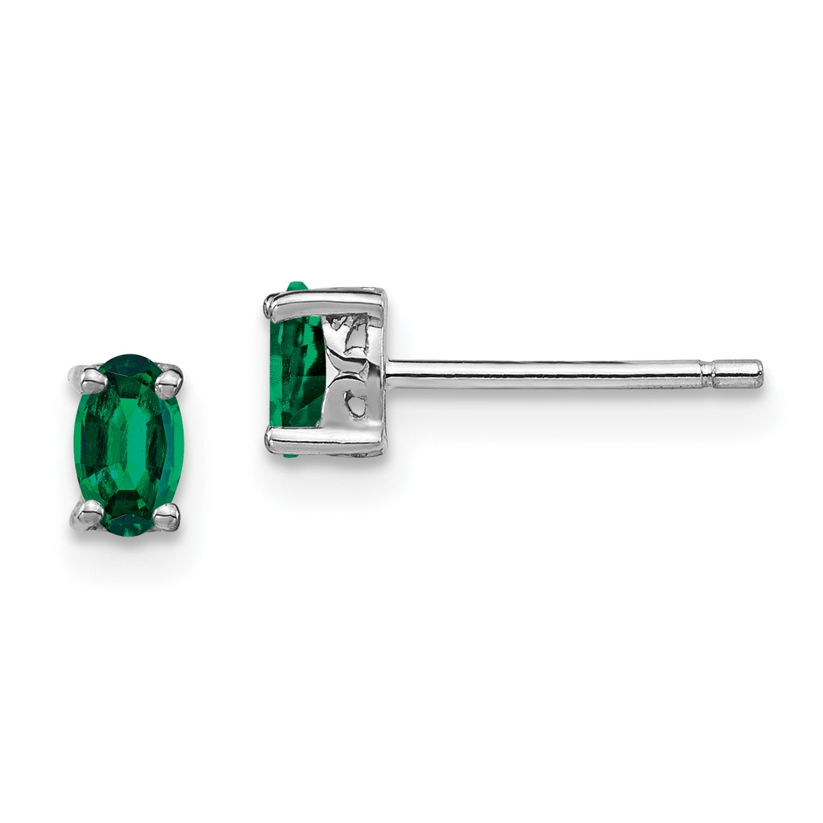 Sterling Silver Rhodium-plated 5x3mm Oval Created Emerald Post Earrings