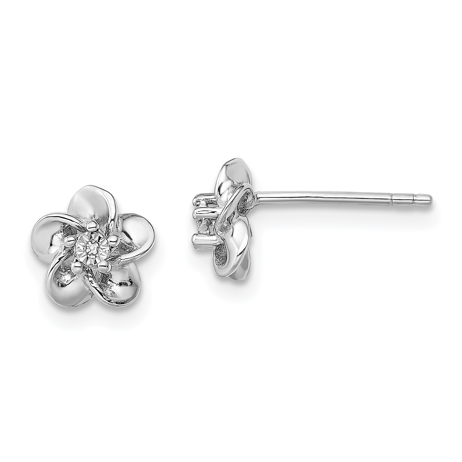 Sterling Silver Rhodium-plated Floral Diamond Post Earrings