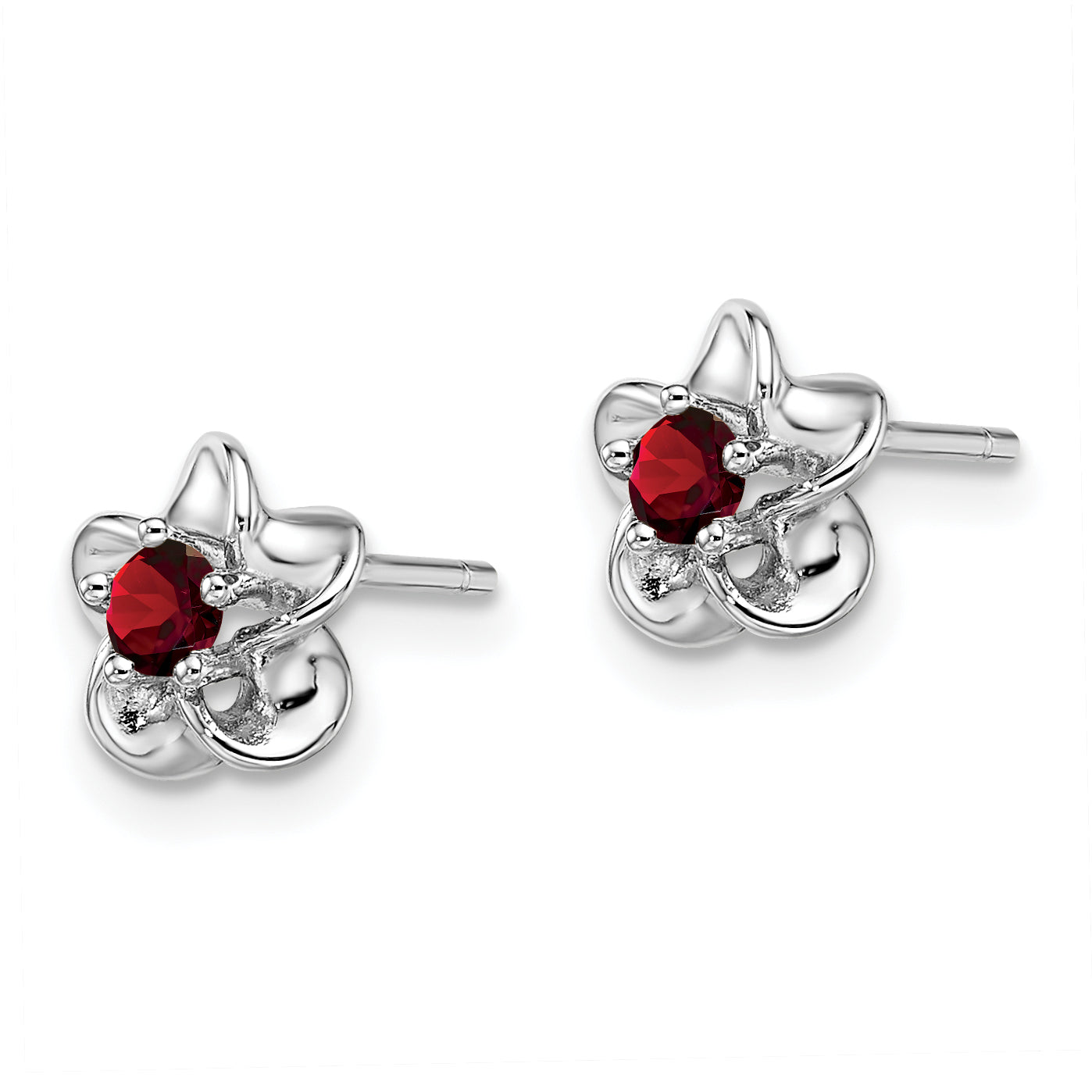 Sterling Silver Rhodium-Plated Garnet Floral Earrings with Polished Finish Secondary image