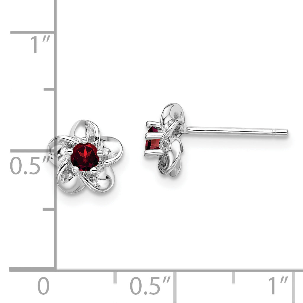 Sterling Silver Rhodium-Plated Garnet Floral Earrings with Polished Finish