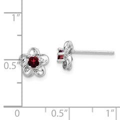 Sterling Silver Rhodium-plated Floral Garnet Post Earrings