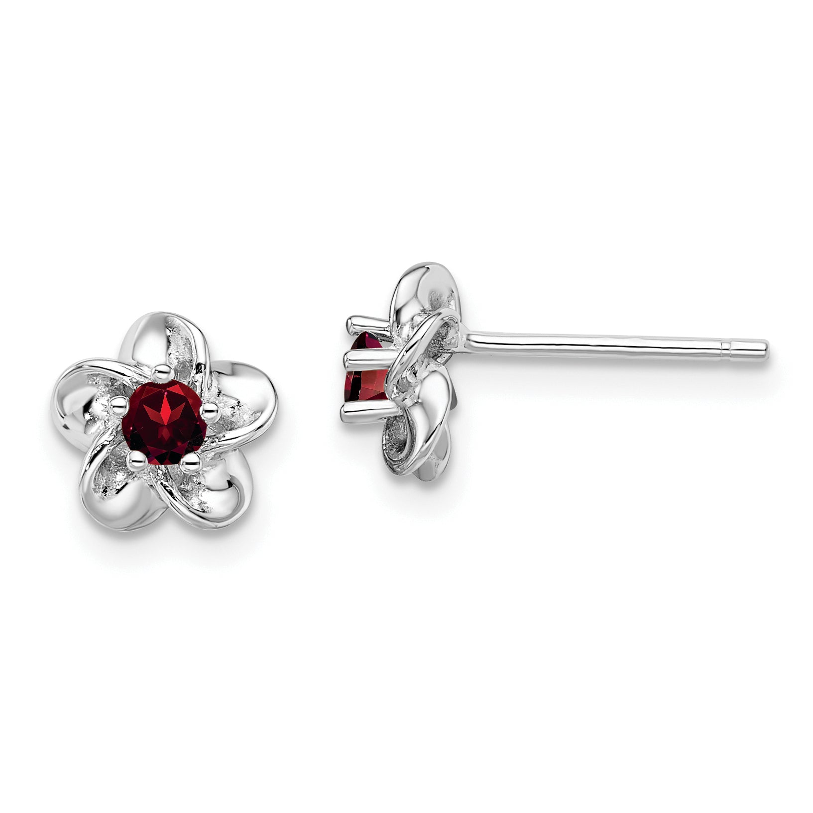Sterling Silver Rhodium-plated Floral Garnet Post Earrings Main image