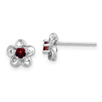 Sterling Silver Rhodium-plated Floral Garnet Post Earrings