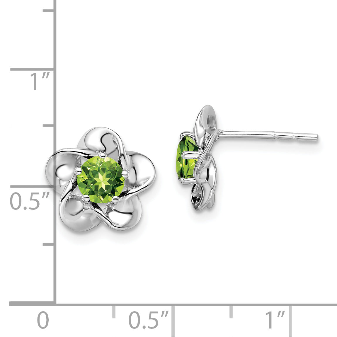 Sterling Silver Rhodium-Plated Peridot Floral Earrings  Polished, Natural Gemstone