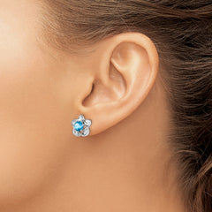 Sterling Silver 925 Rhodium-Plated Blue Topaz Floral Earrings  Polished, Lightweight