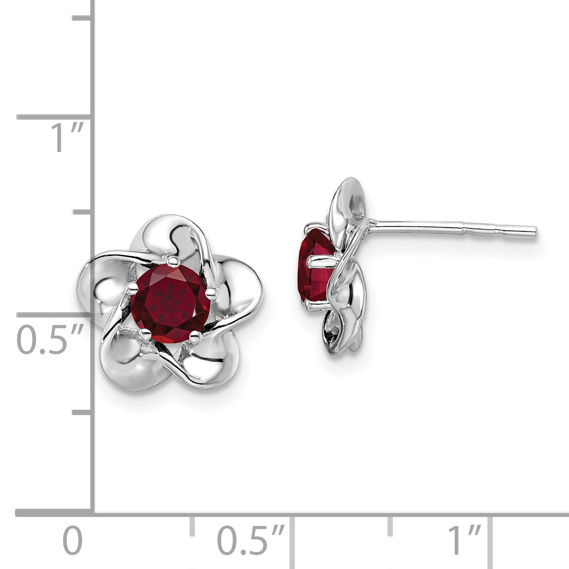 Sterling Silver Rhodium-plated Floral Created Ruby Post Earrings