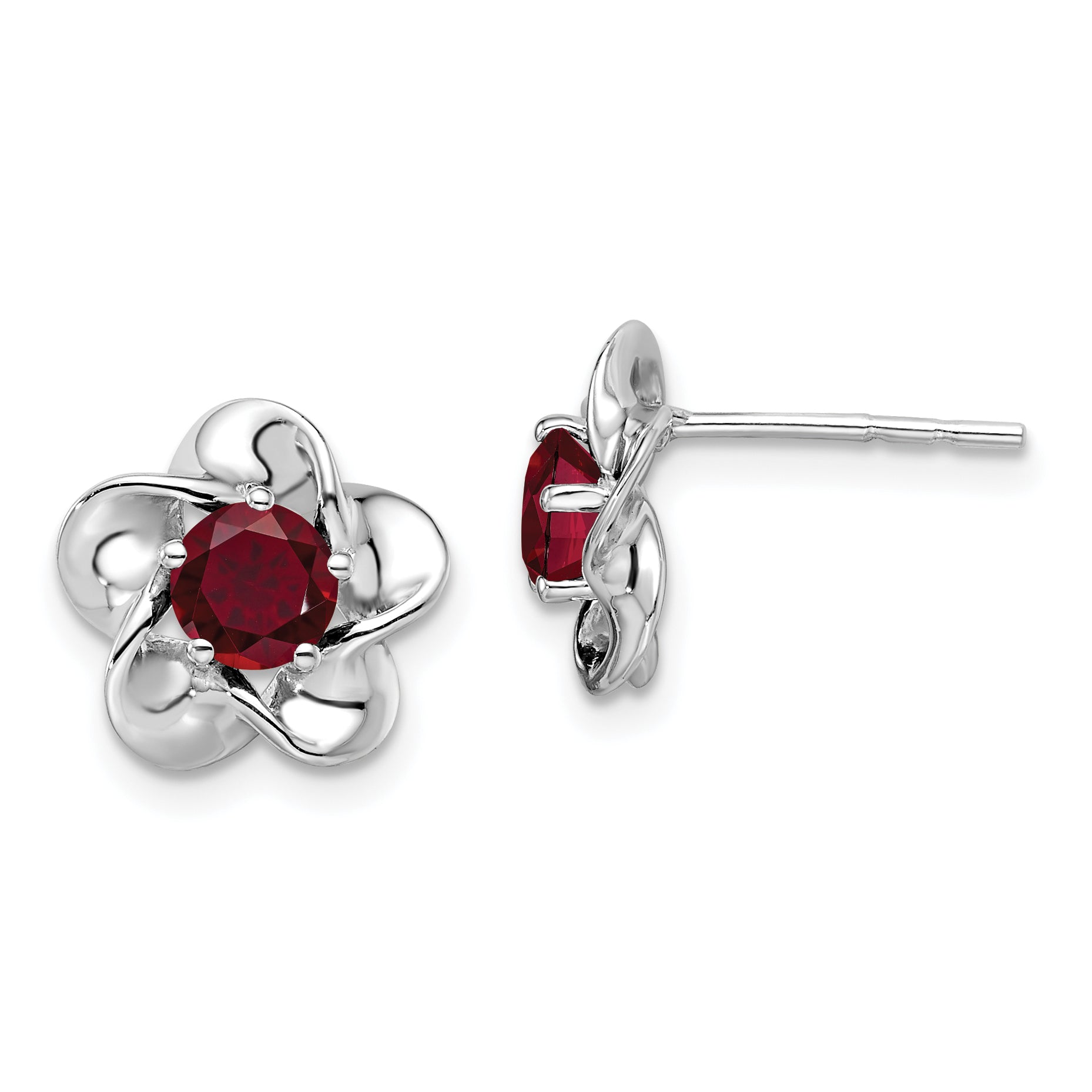 Sterling Silver Rhodium-plated Floral Created Ruby Post Earrings Main image
