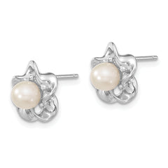 Sterling Silver Rhodium-plated Floral FWC Pearl Post Earrings