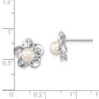Sterling Silver Rhodium-Plated Pearl Earrings with Floral Design  Polished Finish