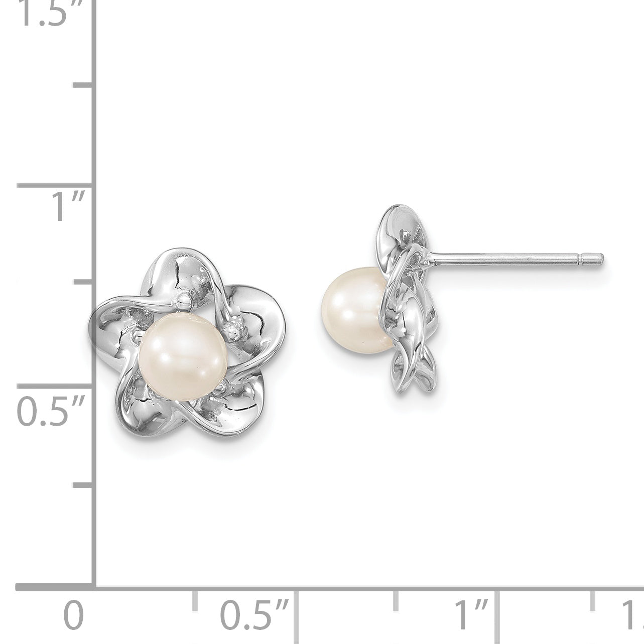 Sterling Silver Rhodium-Plated Pearl Earrings with Floral Design  Polished Finish