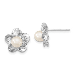 Sterling Silver Rhodium-plated Floral FWC Pearl Post Earrings