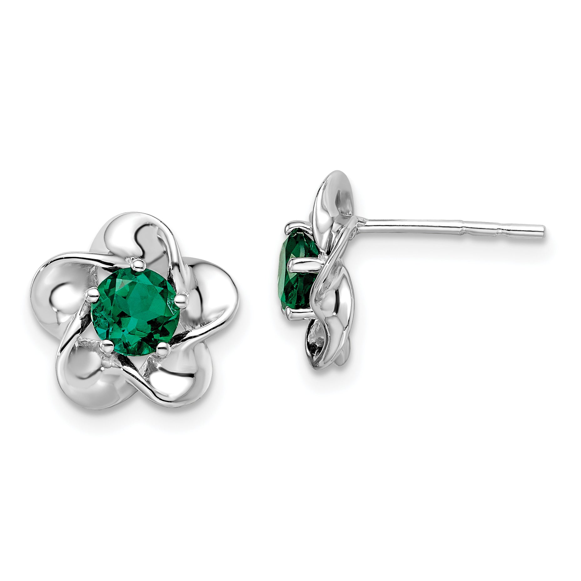 Sterling Silver Rhodium-plated Floral Created Emerald Post Earrings Main image