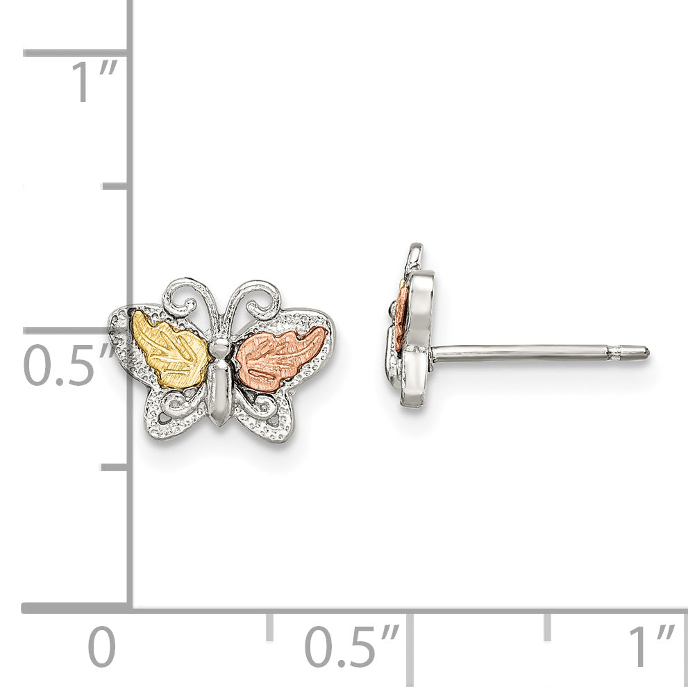 Sterling Silver 12K Gold Accent Butterfly Earrings with Rhodium Plating for Women