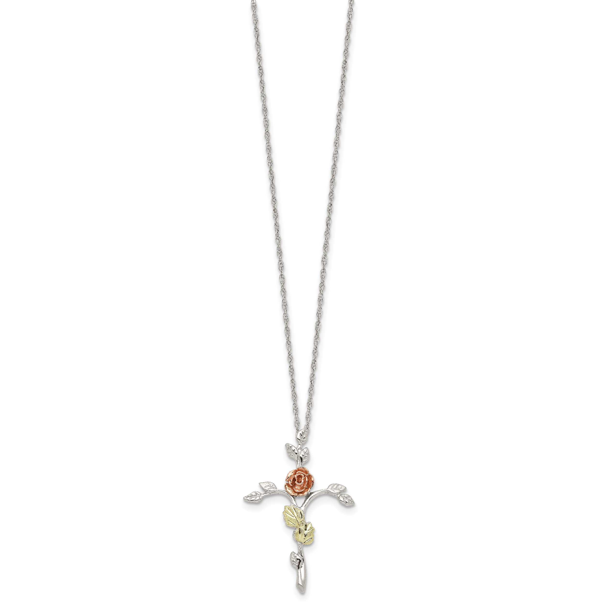 Sterling Silver Necklace with 12K Gold Accents and Floral Cross Secondary image