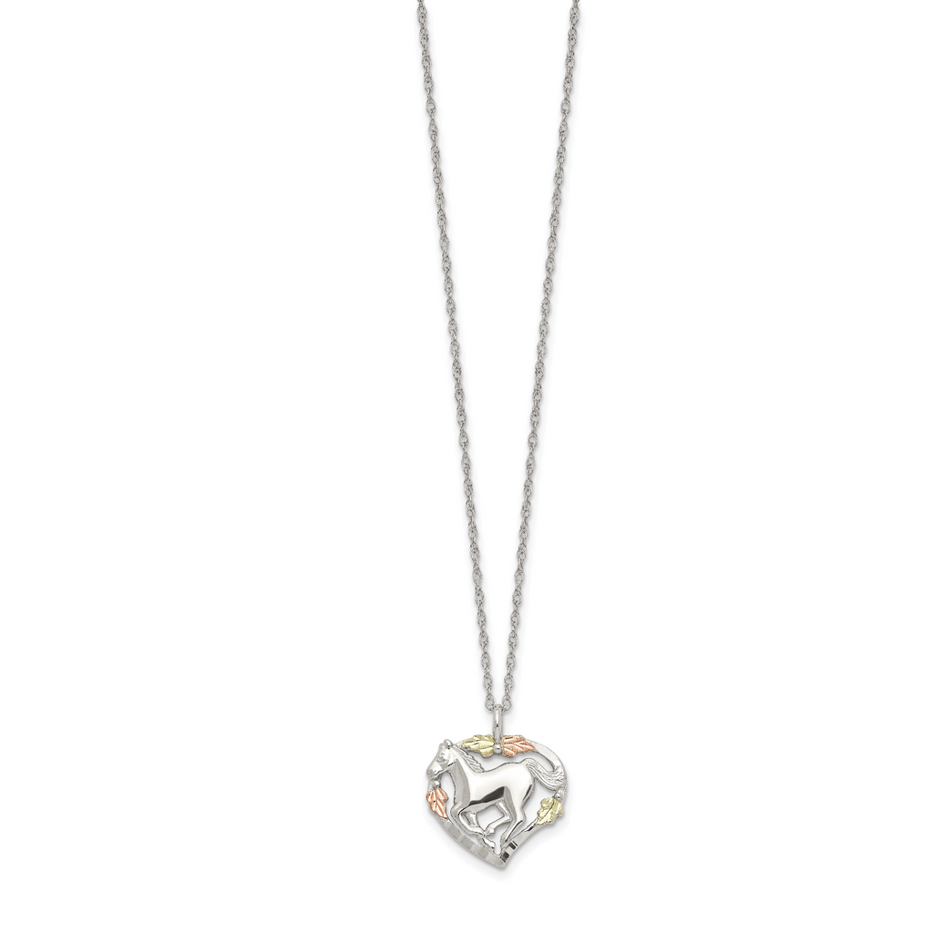 Sterling Silver 12K Gold Heart Horse Necklace with Rhodium Plating
