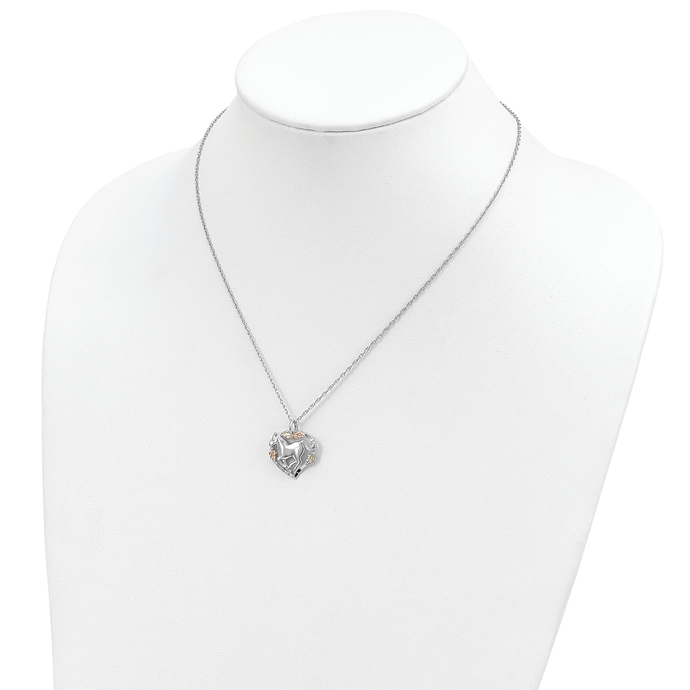 Sterling Silver 12K Gold Heart Horse Necklace with Rhodium Plating