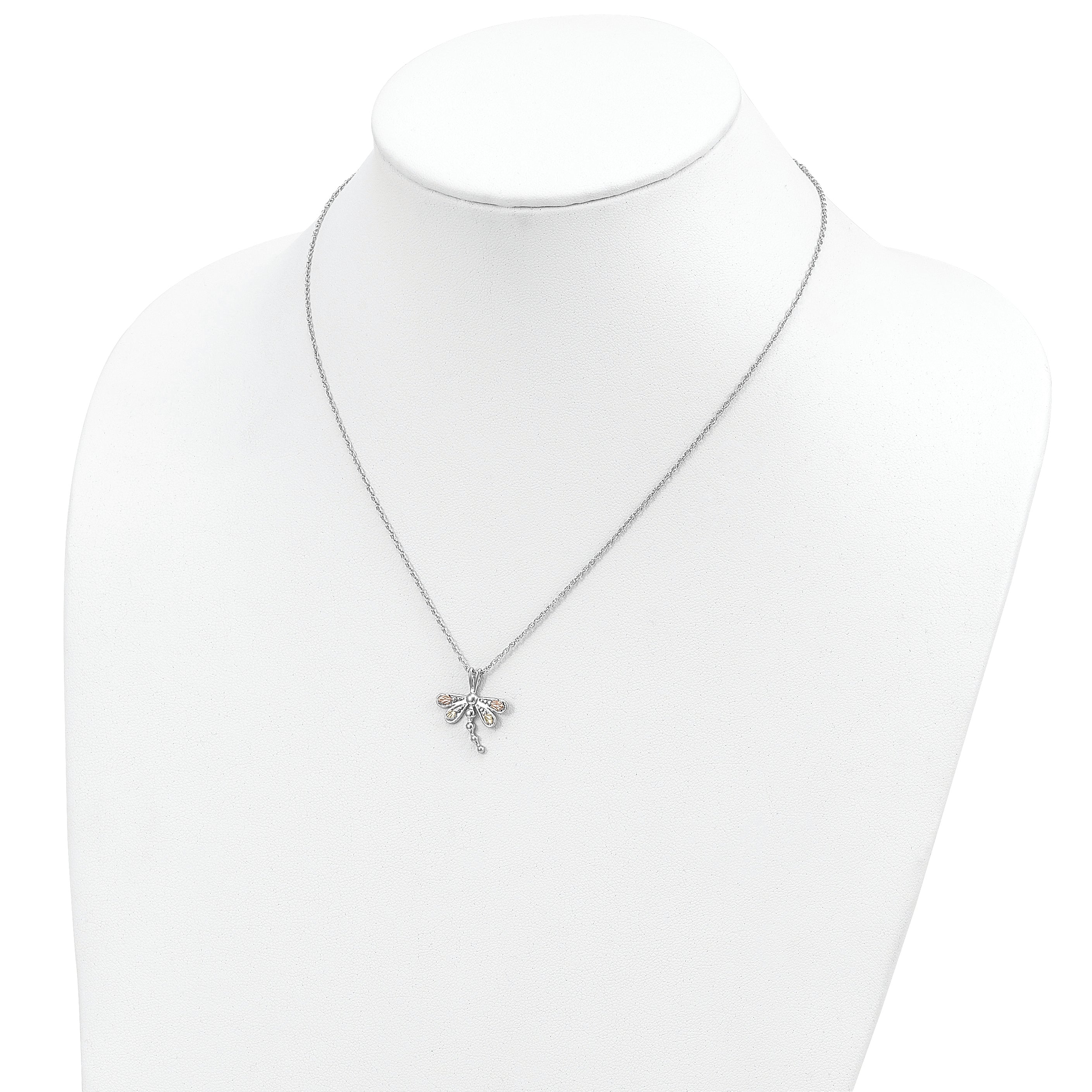 Sterling Silver Dragonfly Necklace with 12K Rose Gold Accents Elegant 18 Design