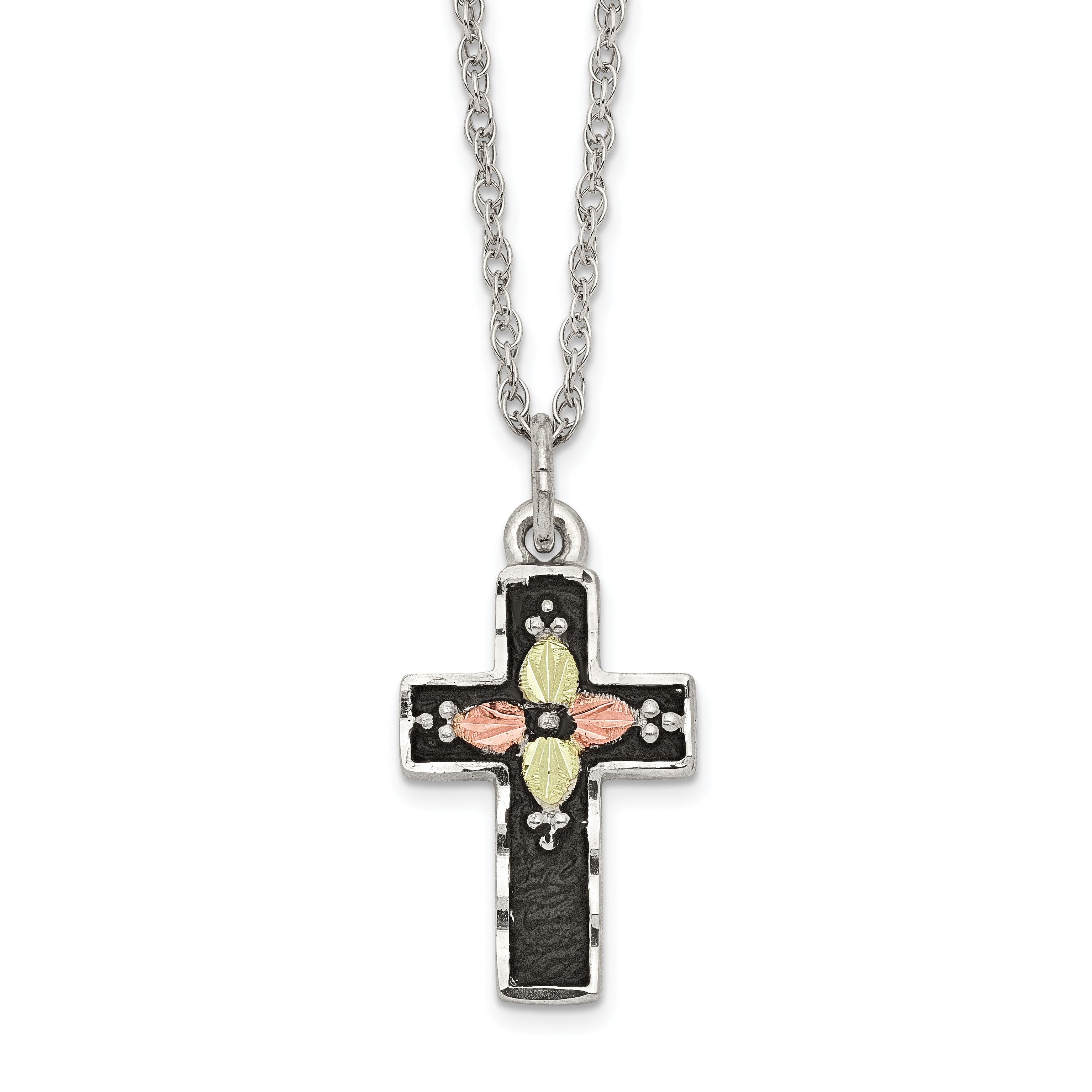 Landstrom's Mt. Rushmore Black Hills Sterling Silver 12K Gold Accents Antiqued Cross 18 inch Spring Ring Clasp Necklace