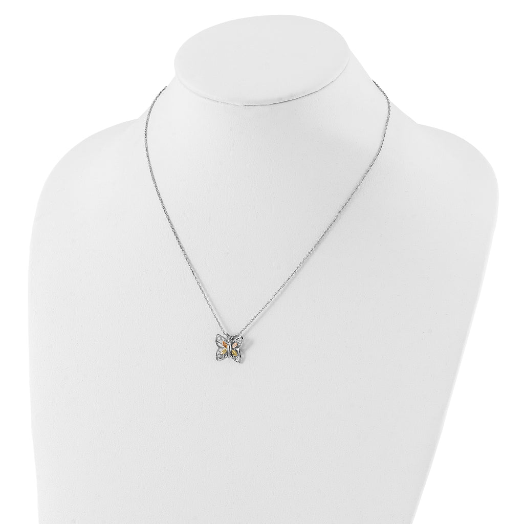 Sterling Silver 12K Gold Butterfly Necklace with Rose and Green Accents