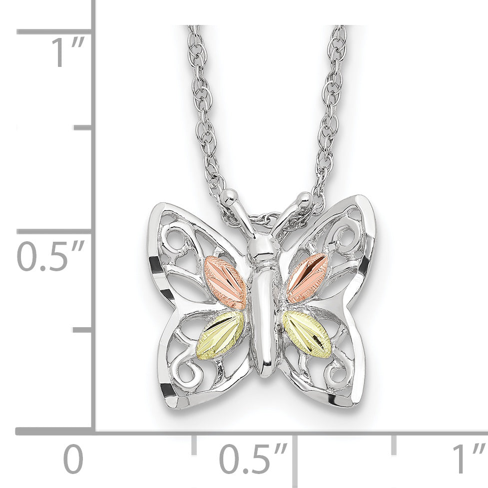 Sterling Silver 12K Gold Butterfly Necklace with Rose and Green Accents
