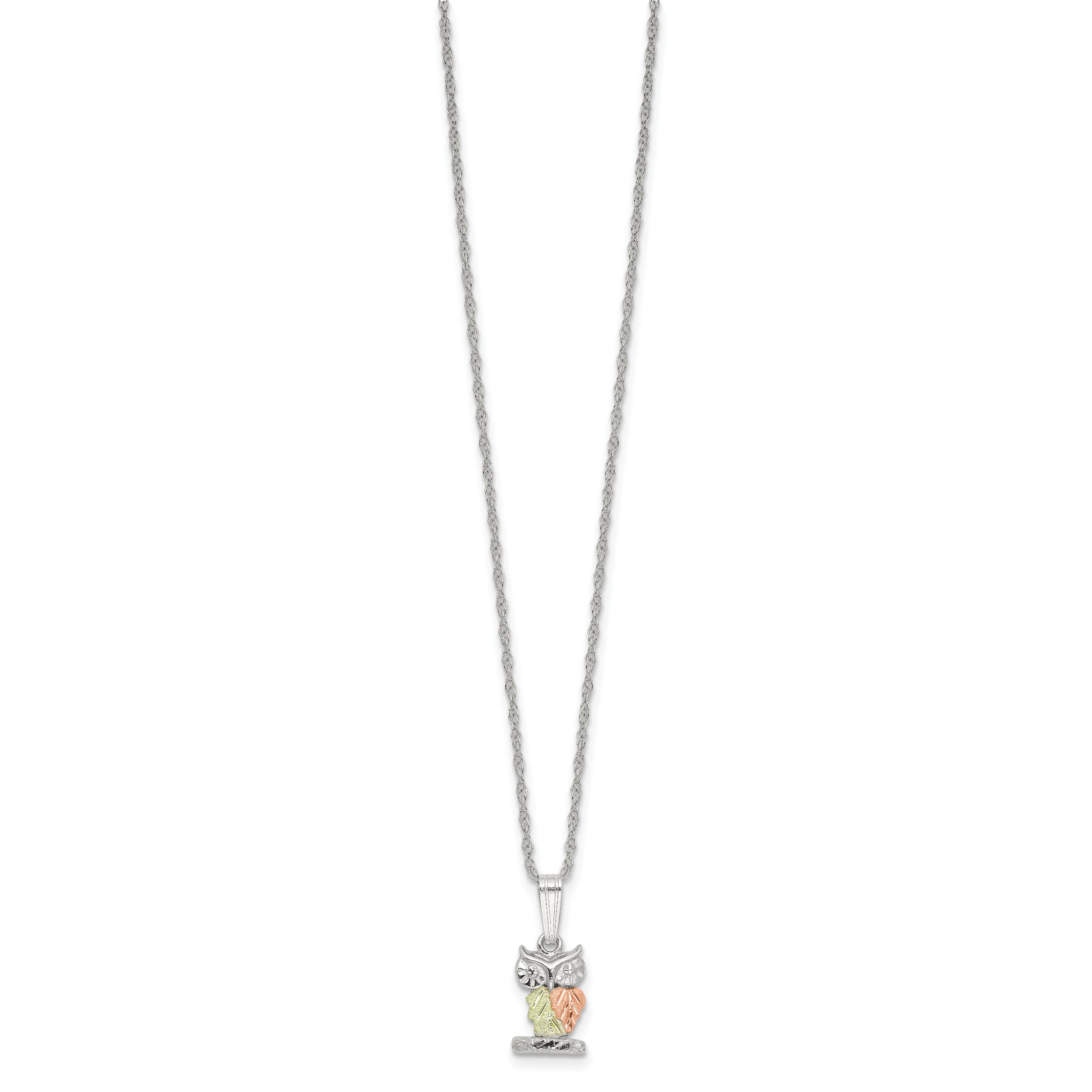 Sterling Silver Rhod-pltd w/12K Accents Owl 18in Necklace