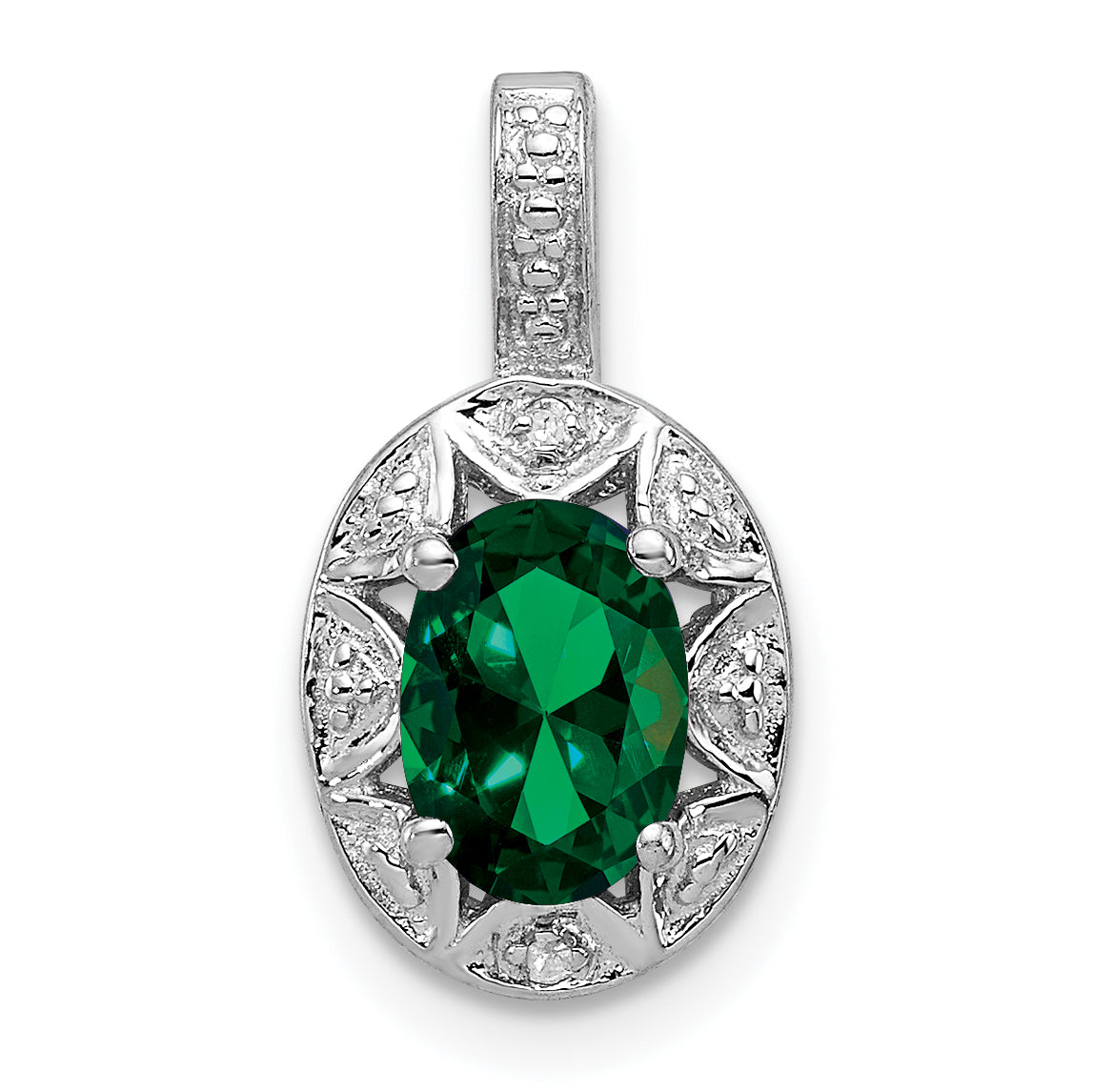 Sterling Silver Rhodium-plated Diam. & Created Emerald Pendant Main image