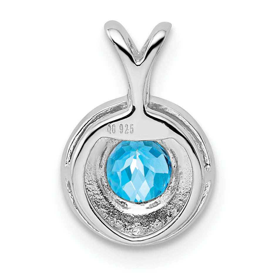 925 Sterling Silver Polished Blue Topaz & Diamond Pendant with Rhodium Finish