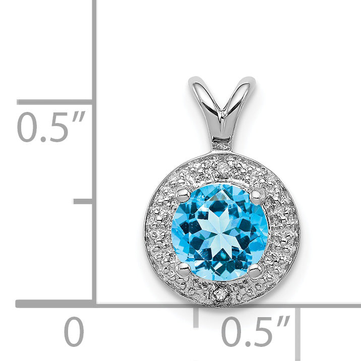 925 Sterling Silver Polished Blue Topaz & Diamond Pendant with Rhodium Finish
