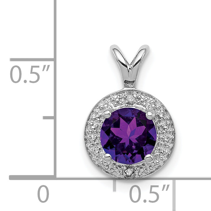 925 Sterling Silver Rhodium-Plated Amethyst & Diamond Pendant Polished Finish