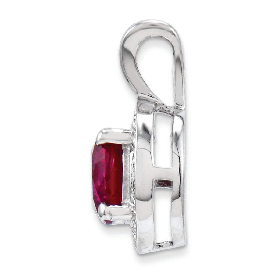 Sterling Silver Rhodium Plated Lab Created Ruby and .010 ctw Diamond Halo Pendant