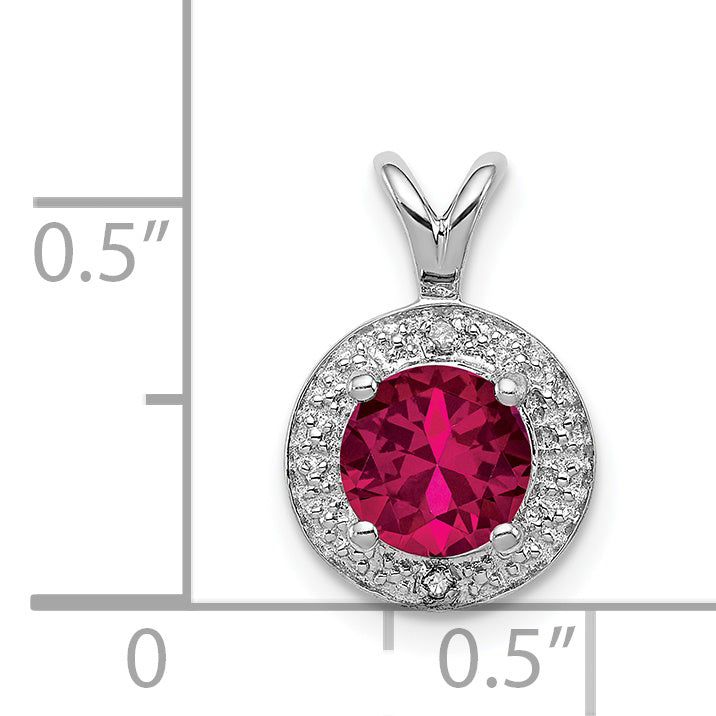 Sterling Silver Rhodium Plated Lab Created Ruby and .010 ctw Diamond Halo Pendant